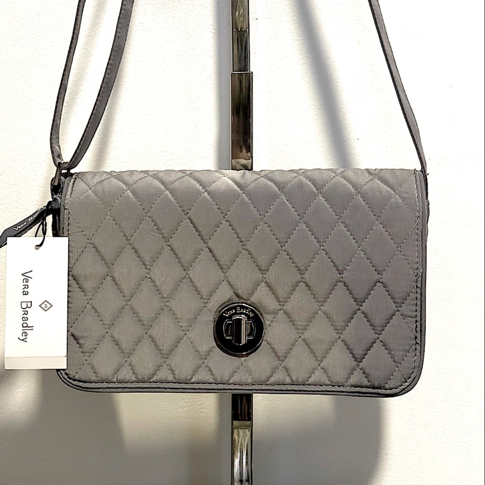 Vera Bradley $95 NWT Turnlock Crossbody Shoulder Bag Carbon Gray Purse Lt Weight